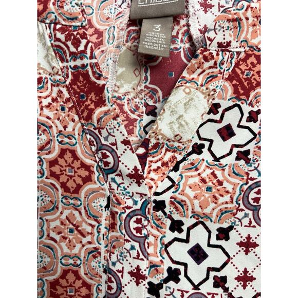 Chicos Patchwork Flutter Sleeve Top Chico's Size 3 Geometric Flowy Hi-Lo - Picture 3 of 8